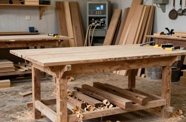 Cozy workshop corner with wooden tools and warm lighting