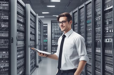 A professional IT consultant smiling, ready to assist clients in a modern office environment with neon cyan accents.