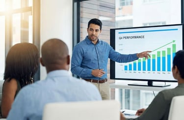 Business presentation showing performance metrics and growth discussion