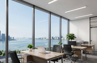 A bright blue-themed office space with solar panels and AI technology visuals.