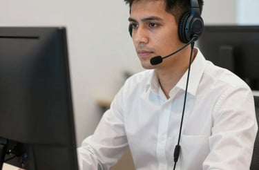 A friendly customer service representative answering a call in a bright office with solar panels visible outside the window