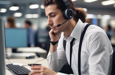 A friendly person at a desk with a laptop and a cup of coffee, ready to assist with rental inquiries.