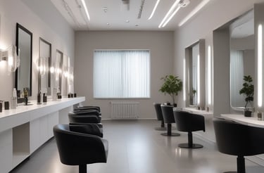A welcoming reception area of a modern hair solutions studio with warm lighting