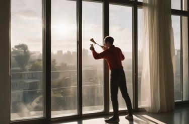 A friendly technician cleaning a large window with maroon and gold accents in the background.