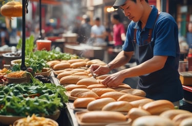 A vibrant food truck serving colorful Southeast Asian street food with happy customers around.