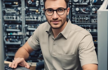 A friendly customer service representative at a green-themed office desk with computers.