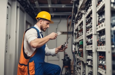 A friendly electrician answering a call in a bright workshop.
