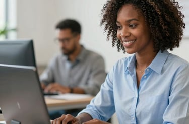 A friendly consultant sitting at a desk, ready to assist clients with business planning.