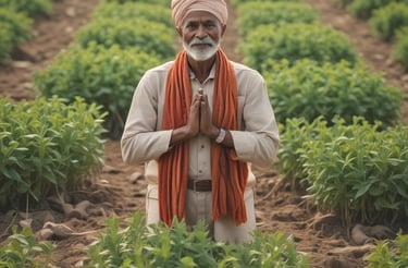 A friendly farmer holding fresh crops in a sunny field.