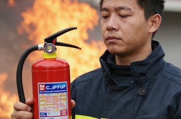 A person using a fire extinguisher inside a house with a small fire, while another person extinguishes a burning vehicle nearby.