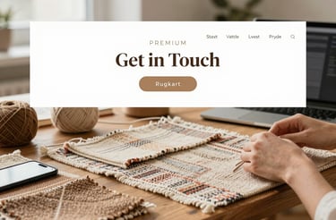 A warm, inviting workspace with a handcrafted carpet and a laptop open to a contact form.