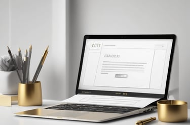 A sleek modern office desk with a laptop, notebook, and a golden pen reflecting the brand's premium style.