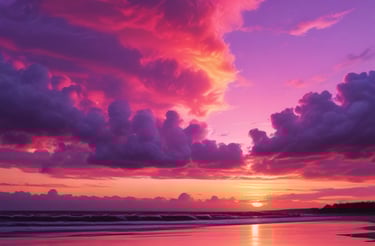 A vibrant sunset sky blending bright purple, pink, and blue hues over a stylish bar setup.