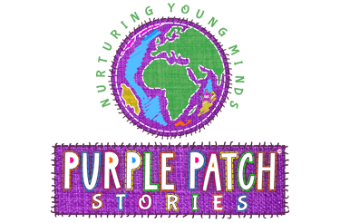 Purple Patch Stories logo featuring a vibrant, multicoloured design with playful lettering. Beside i