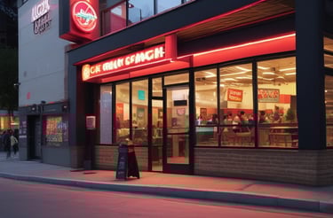 A vibrant red and white-themed contact counter at a Nashville hot chicken and smash burger restaurant.