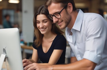 A friendly small business owner smiling while working on a laptop at a cozy home office.