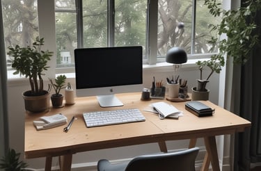 A cozy workspace with sketchbooks, pencils, and a laptop by a window overlooking a Finnish forest.