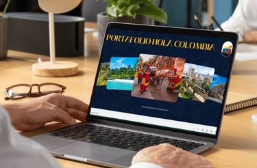 A person viewing a Hola Colombia travel portfolio website on a laptop in a modern office setting.