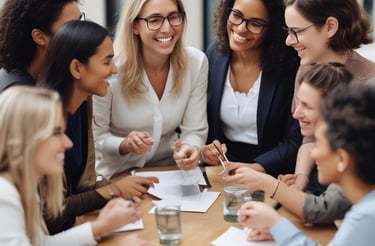Diverse group of professional women laughing during a collaborative business meeting at a round table.