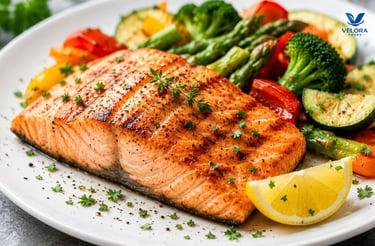 Grilled salmon served with steamed broccoli and a fresh mixed green salad.