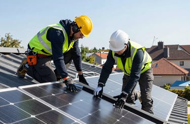 A friendly customer service representative assisting a client over the phone with solar panel plans in a bright office.