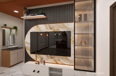 Modern living room entertainment unit with a marble-patterned TV wall panel and sleek display cabinet.