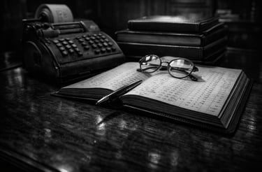 Vintage accounting scene with an antique adding machine, open ledger, glasses, and fountain pen.
