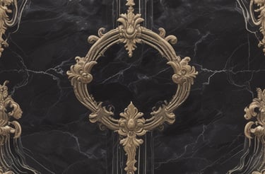 Elegant black marble texture with luxury gold baroque patterns and ornate filigree scrollwork.