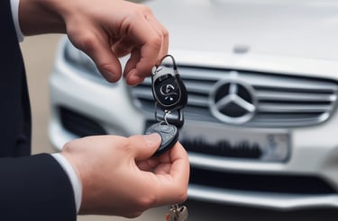 A friendly locksmith handing over a freshly cut car key to a smiling customer beside a vehicle.