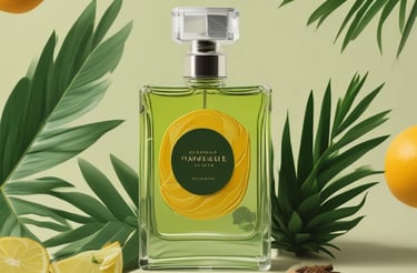 A warm, inviting office space with a family photo on the wall and perfume samples on a wooden table.