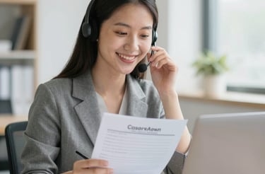 A friendly customer service representative wearing an orange shirt, ready to assist clients with Zebra printers.