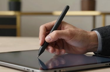 A close-up photograph of a professional hand in a tailored dark charcoal suit sleeve, holding a sleek matte black stylus over a high-tech tablet. The background is a blurred office interior with soft warm lighting and metallic brass accents.