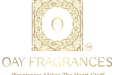 Gold OAY Fragrances logo with an intricate circular emblem and luxury brand slogan on a white background.