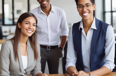 A professional office desk with a laptop, notepad, and a cup of coffee, ready for a business conversation.