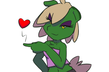 A green chibi-style character with tan hair pointing left and a heart coming from her finger