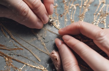 A close-up of hands sewing natural fiber fabric with delicate care.