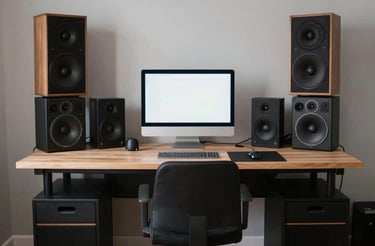 A minimalist black and gold studio desk with mixing equipment and headphones.