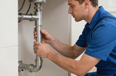 A friendly plumber answering a phone call in a cozy Kent home.