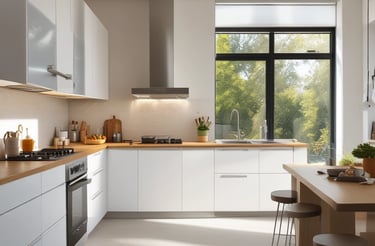 Bright, modern living room with sunlight streaming through large windows.
