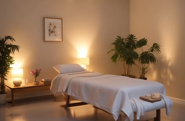 A calm treatment room with soft lighting and aromatic candles ready for a massage session.