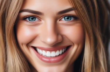 A close-up view of a dental model showcasing upper and lower sets of teeth with a transparent aligner placed between them. The model rests on a dark surface that appears to be part of a keyboard.