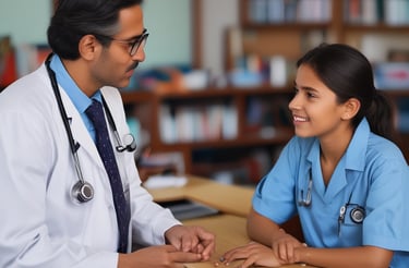 A friendly healthcare professional assisting a student.
