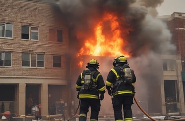 A multi-story building with classic architectural details shows smoke emanating from several windows. Near the bottom, construction equipment and scaffolding are visible, and green tree branches partially frame the view.