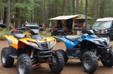 A snowy ATV trail winding through a forest with deer tracks nearby.