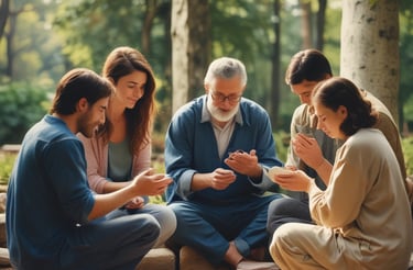 A group of men seated in a row, engaging in prayer with their hands raised. They are dressed warmly with a combination of jackets and traditional caps, suggesting a cultural or religious gathering. The setting appears to be indoors with a window in the background.