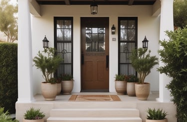 a porch with two chairs and a table on it