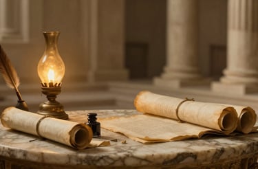 Ancient Roman study with scrolls and oil lamp evoking Stoic journaling practice of self-examination