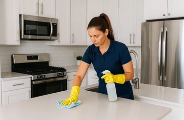  cleaning professional wiping a modern kitchen counter 