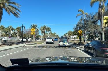 a car driving down a street with palm trees