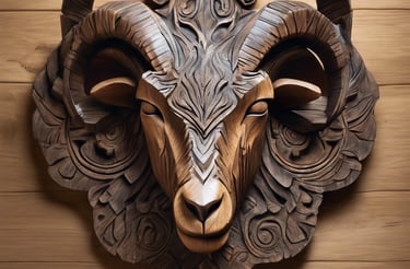 une tête bouc sculptée sur une pièce de bois